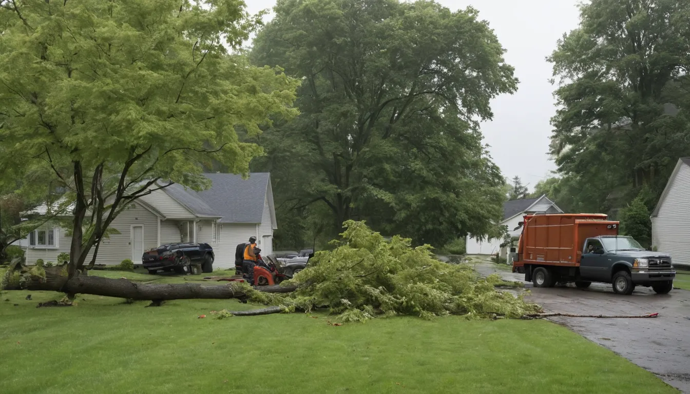 Local tree provider cutting a storm-fallen tree beside a home in Harrison