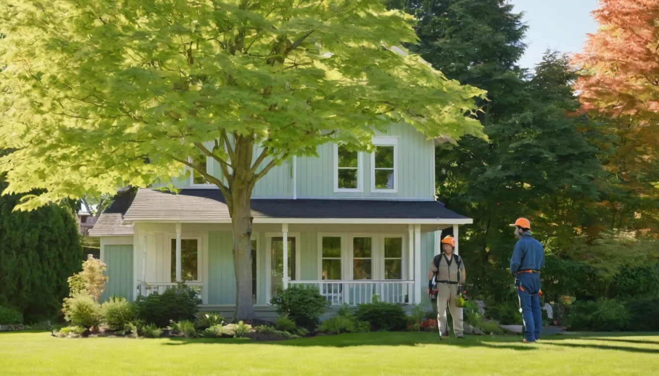 A local provider inspecting a tall tree beside a house in Harrison