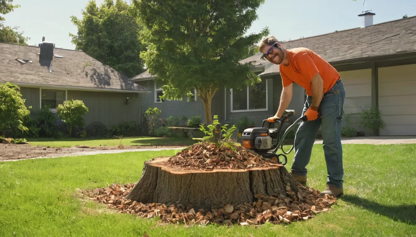 Local provider grinding a tree stump in a backyard in Harrison
